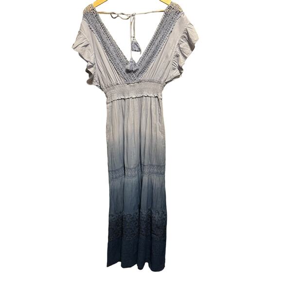 New Raga Ombre Maxi Dress Women's Size S Rare Sample Blues Lace Eyelet Tassels - Picture 9 of 14